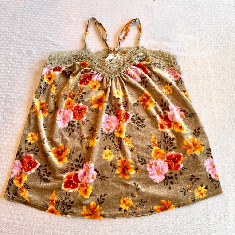 White Birch Medium Velvet Floral Lace Cami Tank Taupe Y2K Romantic Top